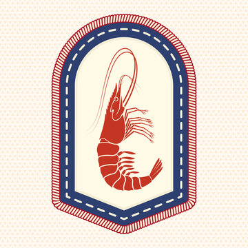 Shrimp badge, retro vintage seafood emblem in stitched patch style for seafood restaurant logo, branding and packaging. Vector.