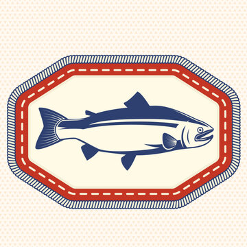 Salmon fish badge, retro vintage seafood emblem in stitched patch style for seafood branding, packaging and logo design. Vector