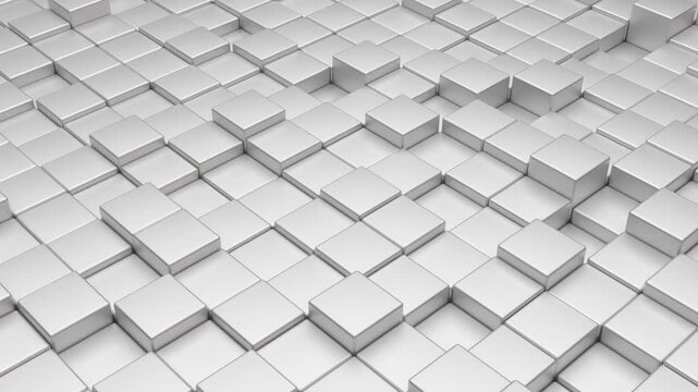 An abstract field of many three-dimensional cubes is rhythmically set in motion, creating the effect of a pulsating surface. The soft, chaotic movement of geometric elements up and down fascinates wit