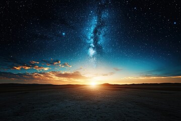 Obraz premium Vast desert landscape at sunset with the Milky Way galaxy above, a celestial and awe-inspiring view