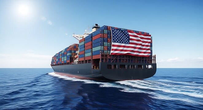American flag cargo ship sailing on open waters
