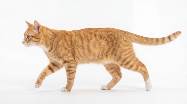 A ginger tabby cat with white paws walking gracefully across the frame in a profile side view