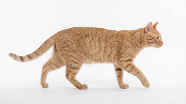 A ginger tabby cat with distinctive orange stripes walking gracefully across the frame in profile