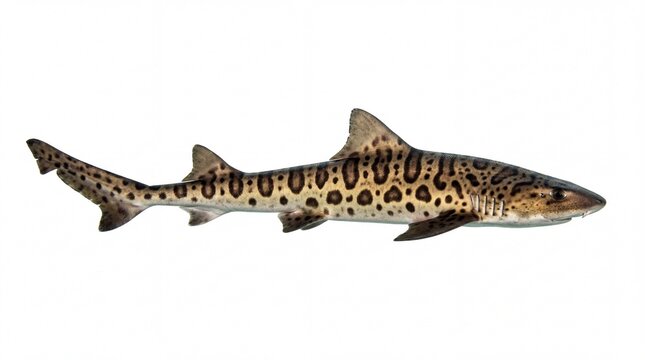 A side profile view of a leopard shark showing its distinct dark brown spots and slender body shape