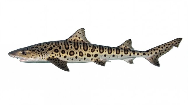 A side view of a leopard shark with a distinctive pattern of black spots and dark saddle patches