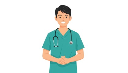 Fototapeta premium Smiling male doctor in green scrubs with stethoscope, front view medical professional portrait isolated PNG with Transparent Background