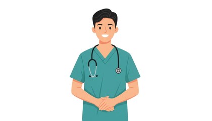 Fototapeta premium Smiling male doctor in green scrubs with stethoscope, flat vector illustration character isolated PNG with Transparent Background