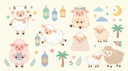 Fototapeta premium Eid al-Adha Cute Sheep and Islamic Elements Illustration.