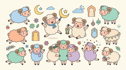 Fototapeta premium Eid al-Adha Sheep Cartoon Collection for Festive Celebrations.
