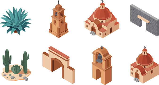 Isometric set of Mexican adobe church architecture, bell towers, desert cactus plants, mission style buildings, vector illustration, 3D design collection