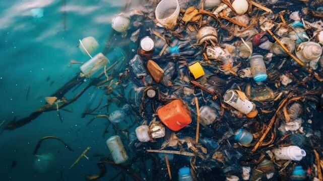 Plastic waste floats above the water. The concept of an environmental disaster. Generative AI video