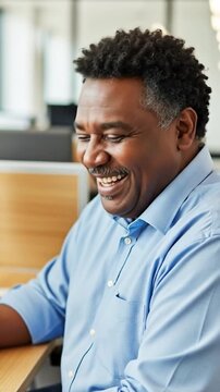 Happy Mature Black Male Professional Laughing During Remote Video Call in Home Office