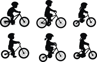 Fototapeta premium Black Silhouette Set of Young Children Riding Bicycles and Balance Bikes Wearing Helmets for Safety Isolated on White Background Vector