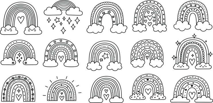 Cute Rainbow Doodle Set with Clouds, Hearts, Stars, and Decorative Arc Patterns in Hand Drawn Outline Style for Kids Coloring Pages, Nursery Design, and Playful Illustrations