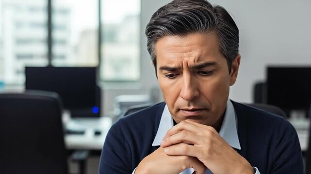 Middle Aged Male Executive Feeling Imposter Syndrome and Anxiety in Modern Office