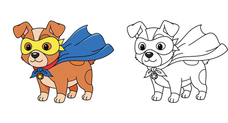 Cute superhero puppy dog character set featuring colored cartoon illustration and black and white line art outline for kids coloring book, puppy wearing blue cape and mask vector. © SHOHAG