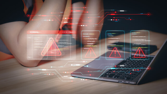Data security breach detected with futuristic red warning flags superimposed on programming scripts. Programming logic interface with multiple error alerts at a developer's workspace with a laptop