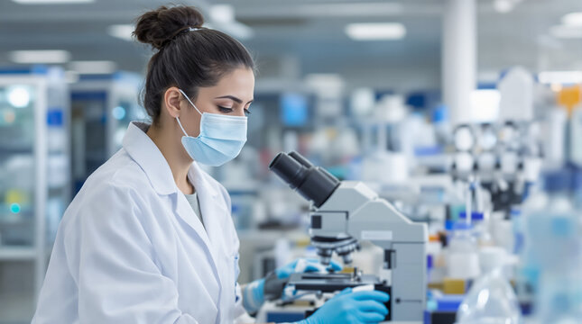 Professional female scientist wearing face mask and using microscope for medical research in a modern laboratory
