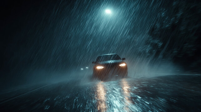 Rain slashes down at night