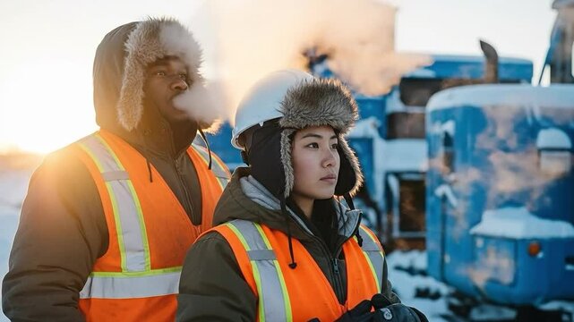 Diverse industrial workers in extreme cold weather at an arctic construction site