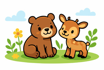 Obraz premium Adorable cartoon bear and fawn standing together in a sunny meadow with flowers and leaves, showing woodland friendship, innocence, kindness and cheerful child friendly nature.