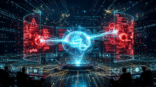 Futuristic artificial intelligence brain analyzing cyber threats in digital network cybersecurity system with hackers attacks data visualization technology interface concept