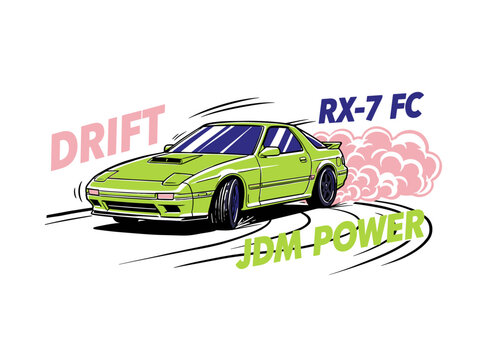 Sport car print design. JDM power RX7 FC artwork. Speed racing poster design. Extreme drift graphics print. Fast wheels challenge.
