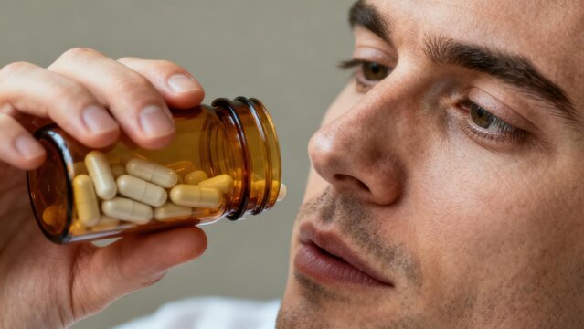 Caucasian male with facial stubble holds an amber glass vial filled with white and beige medicinal capsules, preparing to take his daily dosage.