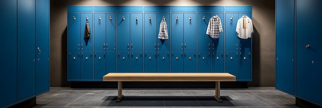 A row of blue lockers with sports jerseys hanging and a wooden bench in the foreground in a gym or locker room