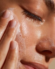 Fototapeta premium Close-up of light medium skinned woman eyes closed applying foamy cleanser on cheek in angled skincare portrait