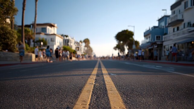 Perspective view down a sun drenched street in a vibrant coastal town with blurred buildings and people enjoying the day