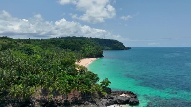 Tropical sand beach on S&atilde;o Tom&eacute; and Pr&iacute;ncipe, drone perspective