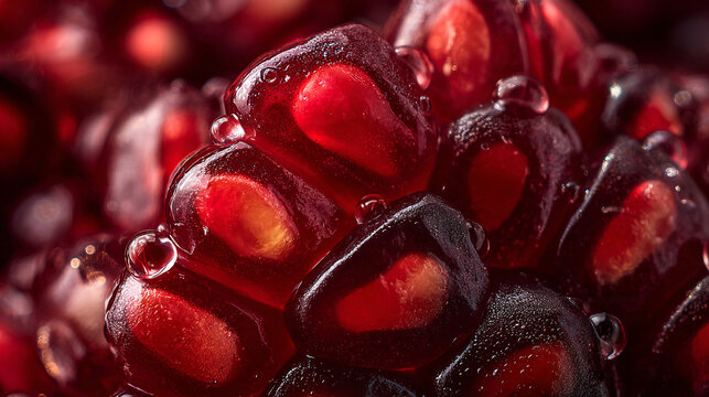 Dark red pomegranate arils covered with glistening water droplets.