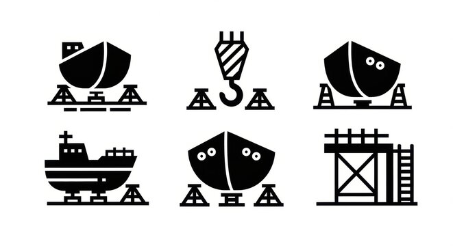 Versatile shipbuilding and marine engineering icons for illustrating various stages of vessel construction, dry dock operations, and essential ship repair services