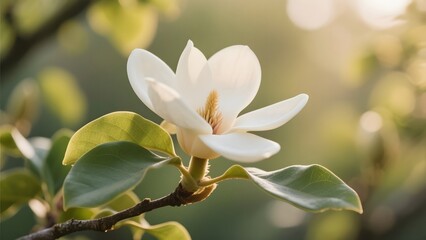 Obraz premium Elegant white magnolia flower blooming on a tree branch in soft sunlight, showcasing delicate petals and green leaves