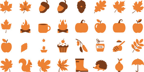 Autumn harvest and cozy fall season flat lay icons set with pumpkins, leaves, and camping elements © Rana