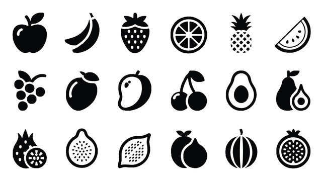 Black silhouettes of various fruit icons on white background