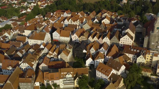 Aerial view of the old town above the city Hechingen in south Germany, on a sunny spring afternoon
