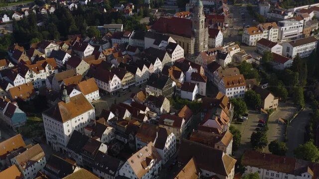 Aerial view of the old town above the city Hechingen in south Germany, on a sunny spring afternoon