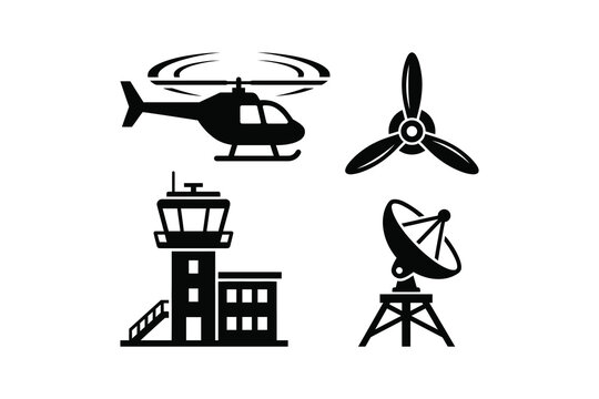 Minimalist airport transport and radar station vector icon set