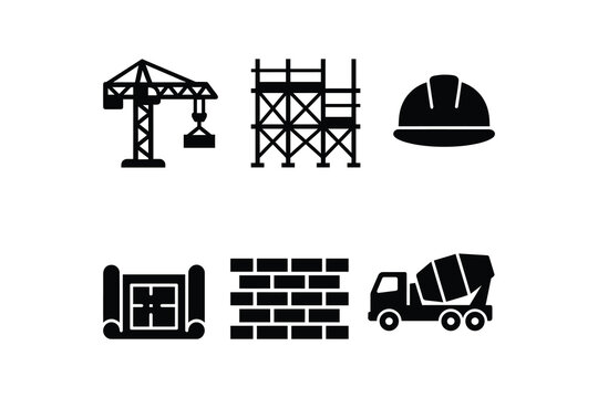 Construction site equipment silhouette icon set flat design - Building industry heavy machinery and tools vector collection