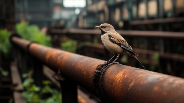 A solitary Rosy Starling, a symbol of resilient urban wildlife, perches prominently on a rusted industrial pipe within an abandoned factory's decaying architecture. Urban Wildlife,