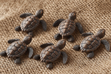 Obraz premium Five miniature sea turtle figurines crawl across burlap fabric.