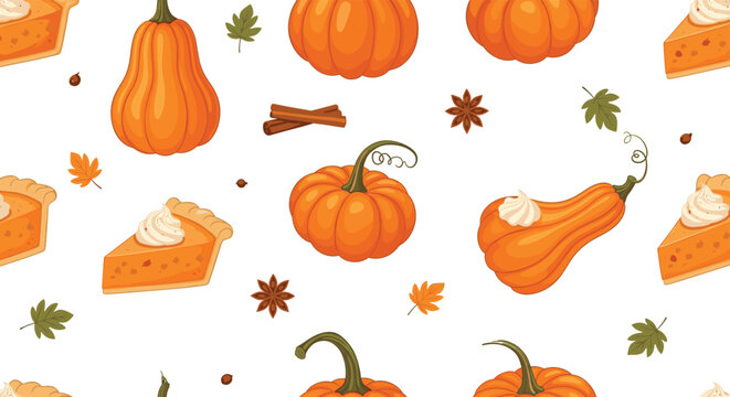 Autumn Pumpkin Pie and Spice Seamless Pattern Vector with Gourds, Cinnamon, Leaves, and Dessert Elements for Fall Season and Thanksgiving Design