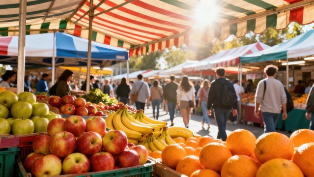 Fresh organic produce including Granny Smith apples, Fuji apples, Cavendish bananas, and Navel oranges are displayed at a sunny outdoor farmers market with people strolling by stalls.