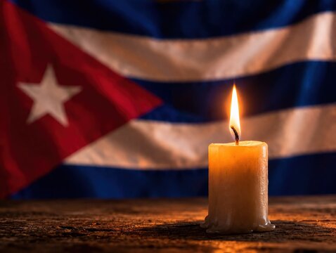Blackouts and power cuts with a lit candle in front of the Cuban flag, concept of energy crisis, lack of electricity, emergency, darkness, social resilience and daily life in a situation of scarcity.