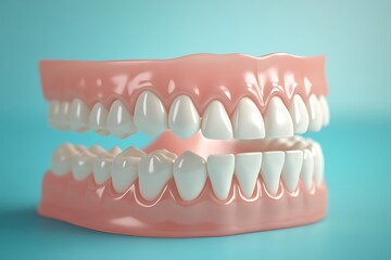 Obraz premium Dental model of human teeth on a blue background for educational purposes