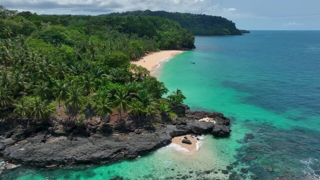 Tropical sand beach on S&atilde;o Tom&eacute; and Pr&iacute;ncipe, drone perspective