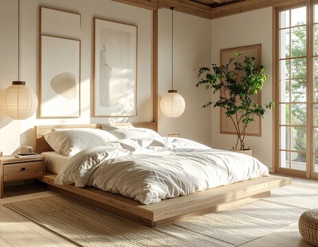 Ruhiges Japandi Schlafzimmer mit nat&uuml;rlichen Materialien