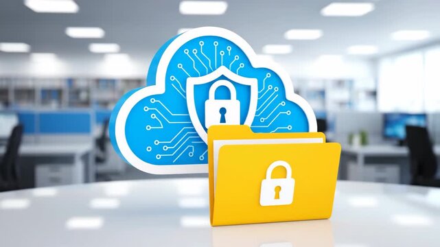 Conceptual image of secure cloud data storage featuring a digital lock icon on a yellow folder and a circuit board pattern on a blue cloud, set against a blurred modern office background.